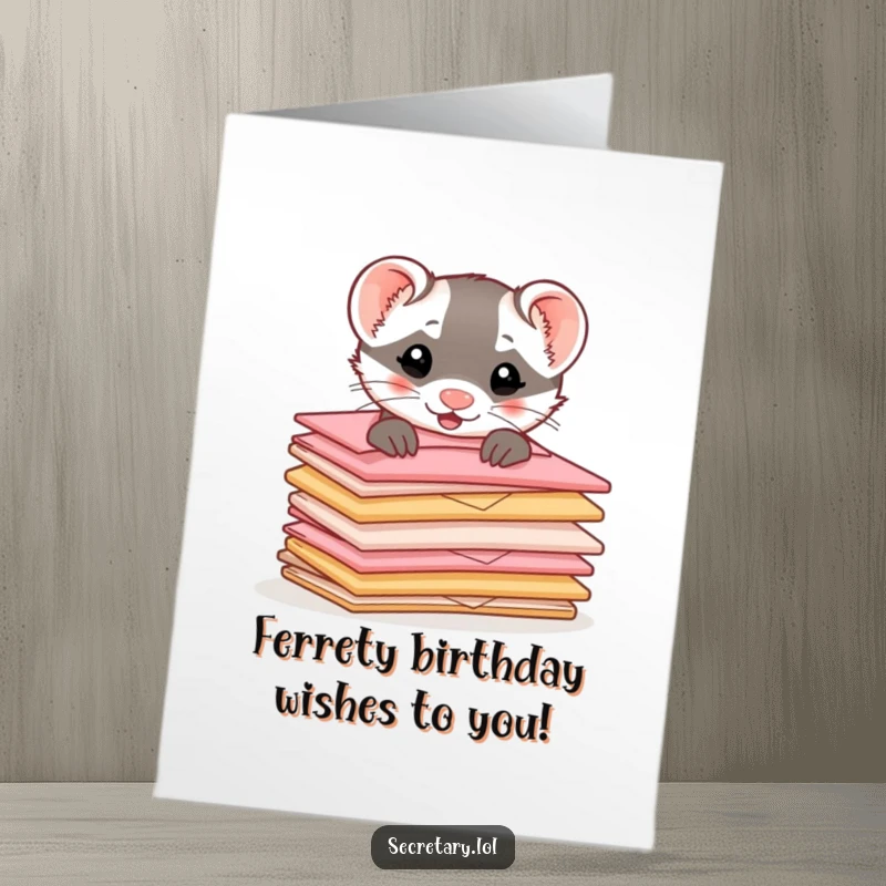 Funny Free Printable Ferret Birthday Card: Playful ferret peeking from tiny envelopes, a humorous downloadable gift.