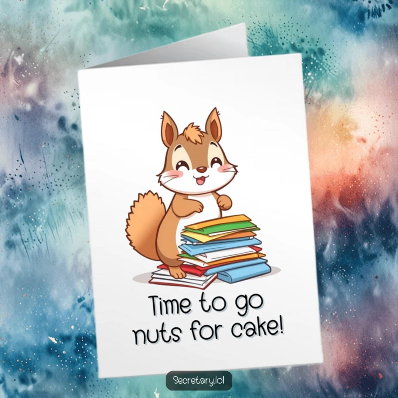 Funny Free Printable Birthday Card: A bouncy squirrel enthusiastically organizes colorful papers, bringing energetic birthday vibes.