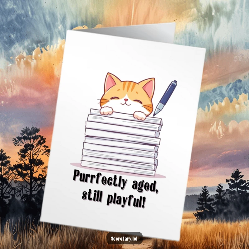Funny Free Printable Birthday Card featuring a curious cat peeking from papers, playfully batting at a pen, ready for fun.
