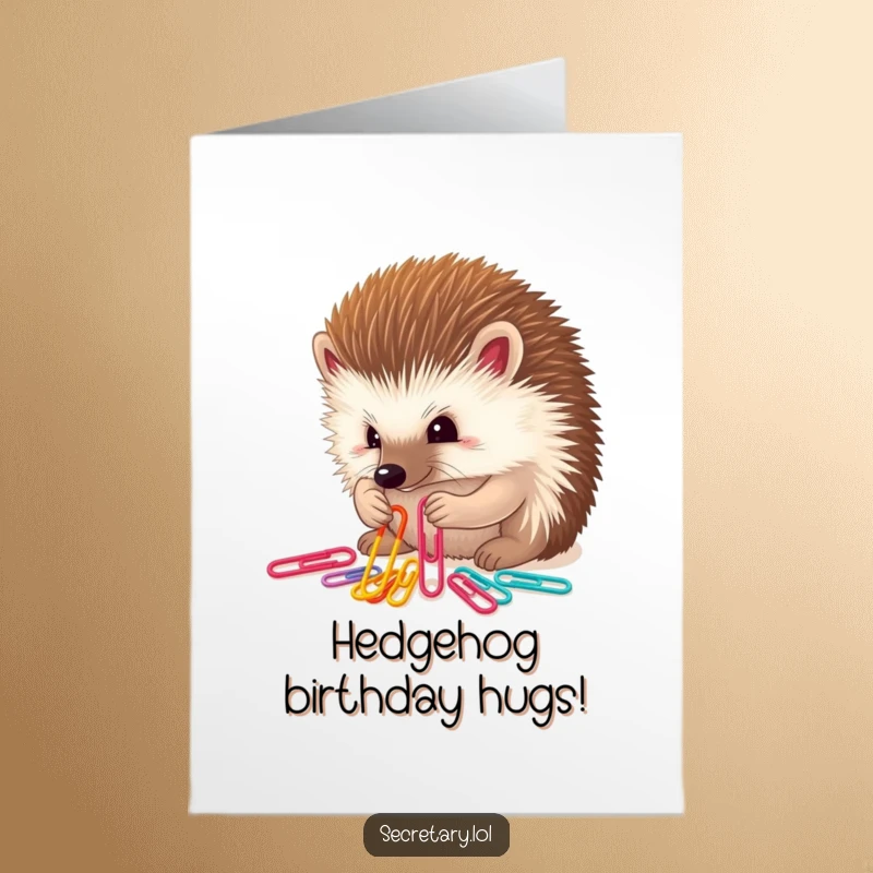Funny Free Printable Birthday Card featuring a determined hedgehog meticulously sorting colorful paper clips with its tiny paws, celebrating order.