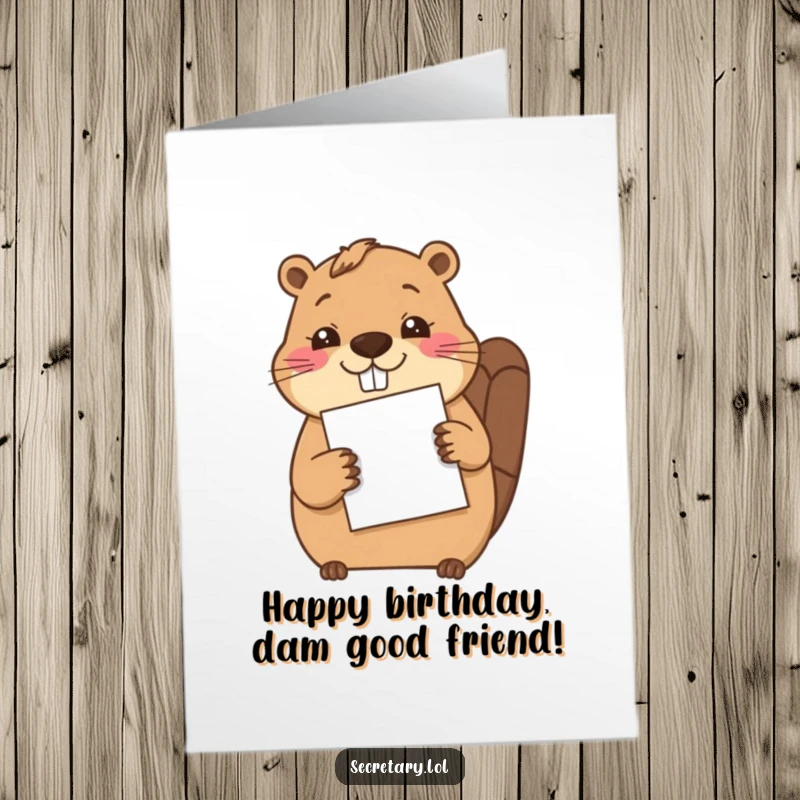 Funny Free Printable Birthday Card: Cheerful beaver carefully filing a paper with its paw, a unique birthday greeting.