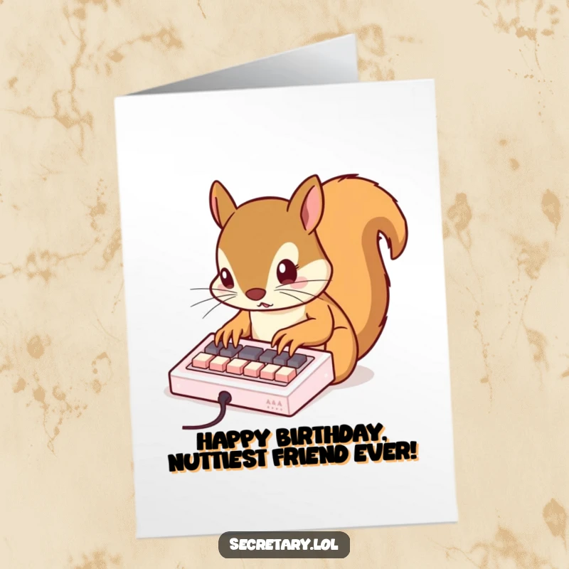 Funny Free Printable Birthday Card: Busy squirrel tapping rapidly on a keyboard with tiny claws, a humorous birthday wish.