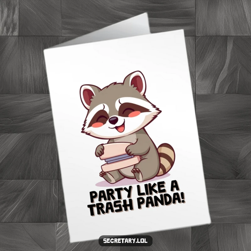 Funny Free Printable Birthday Card: A giggling raccoon gleefully operates a small stapler, celebrating with infectious laughter.
