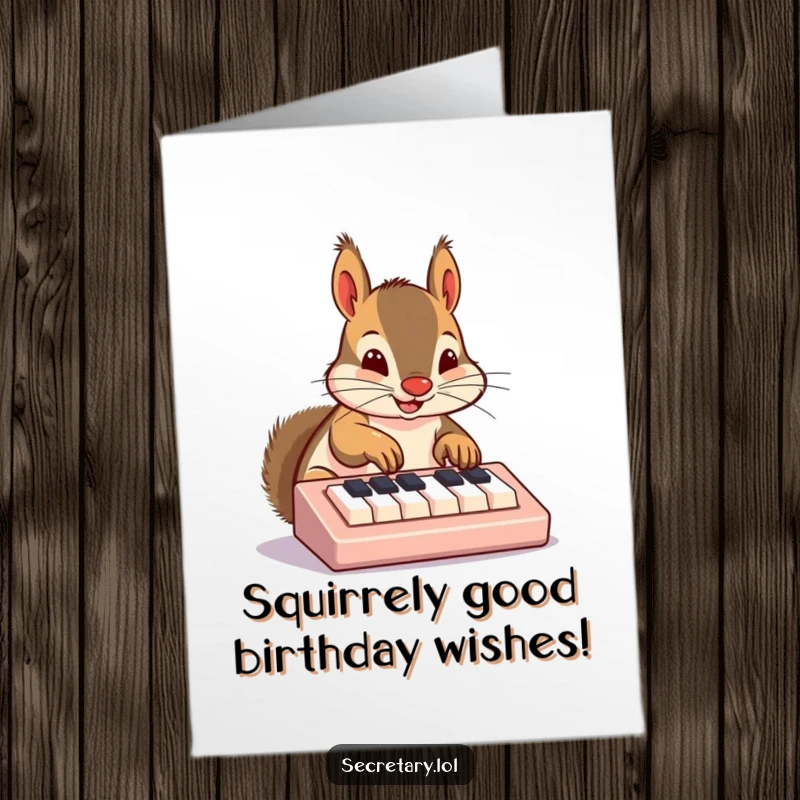 Funny Free Printable Birthday Card, a cheerful squirrel furiously tapping a tiny keyboard with its nose, celebrating a special day.