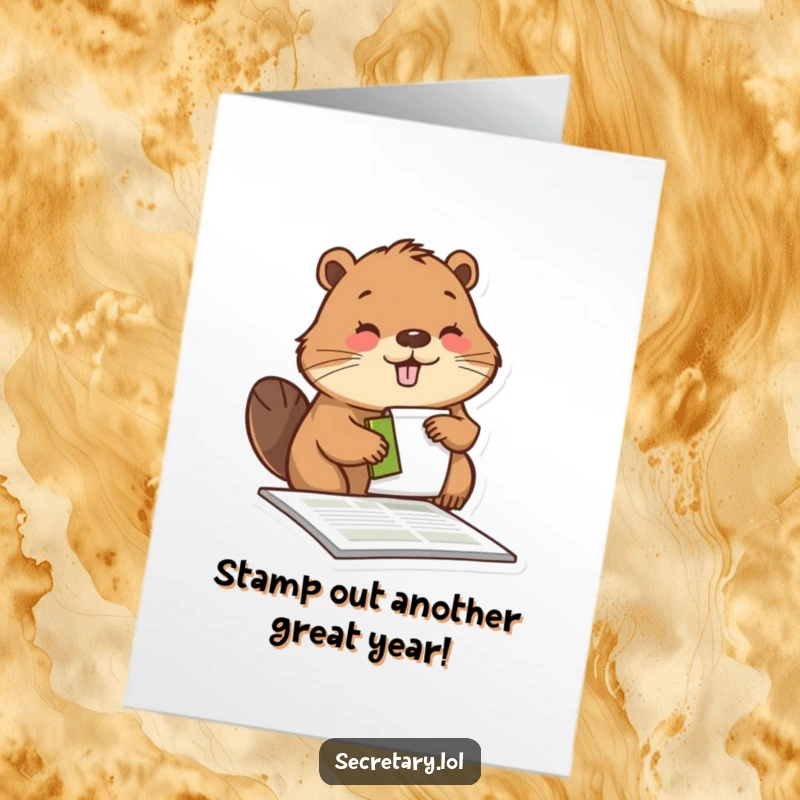 Funny Free Printable Birthday Card showing a busy beaver happily stamping a form, sending birthday approval and cheer.