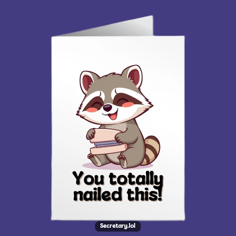 Free Printable Congrats Card: Giggling Raccoon Stapling, Success Secured!