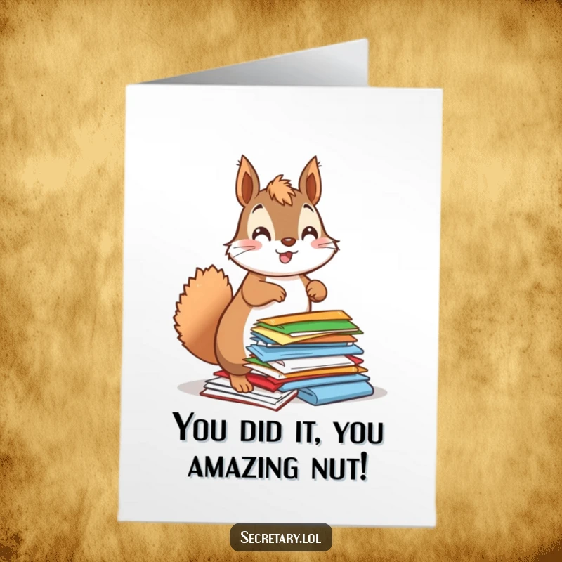 Funny Free Printable Congratulations Card: A bouncy squirrel enthusiastically organizes colorful papers, signifying organized achievements.