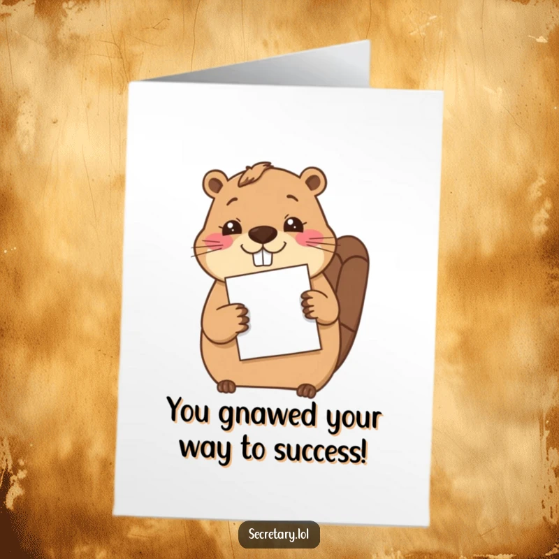 Funny Free Printable Congratulations Card: Cheerful beaver diligently filing a sheet of paper with its paw, a smart congrats.