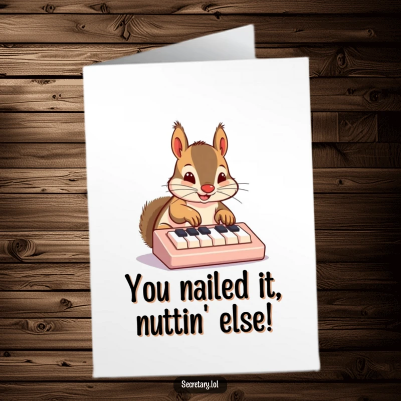 Funny Free Printable Congratulations Card, a cheerful squirrel enthusiastically typing on a miniature keyboard, celebrating someone's big win.