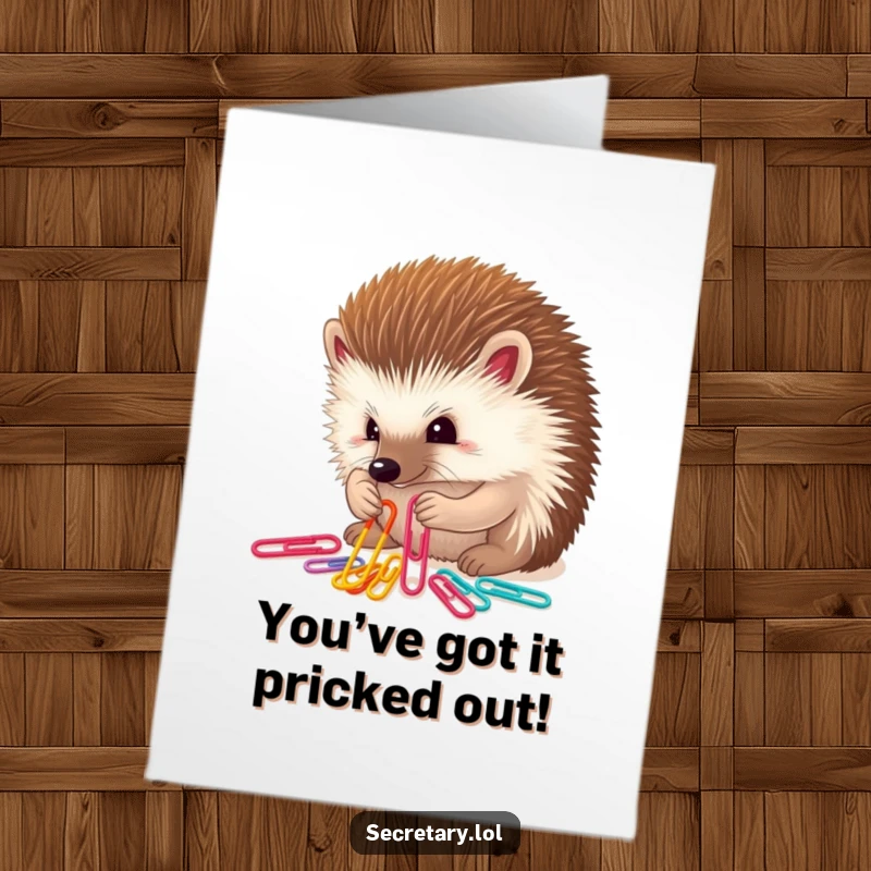 Funny Free Printable Congratulations Card of a determined hedgehog sorting paper clips, symbolizing meticulous achievement and attention to detail.