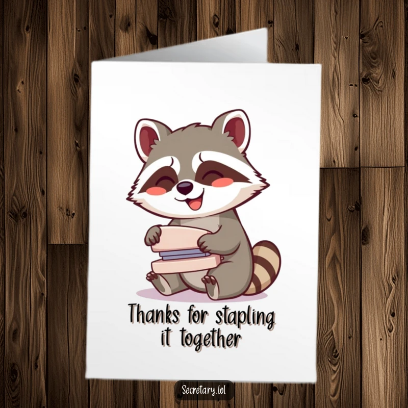 Funny Free Printable Thank You Card: A giggling raccoon operates a small stapler with glee, sticking appreciation notes.