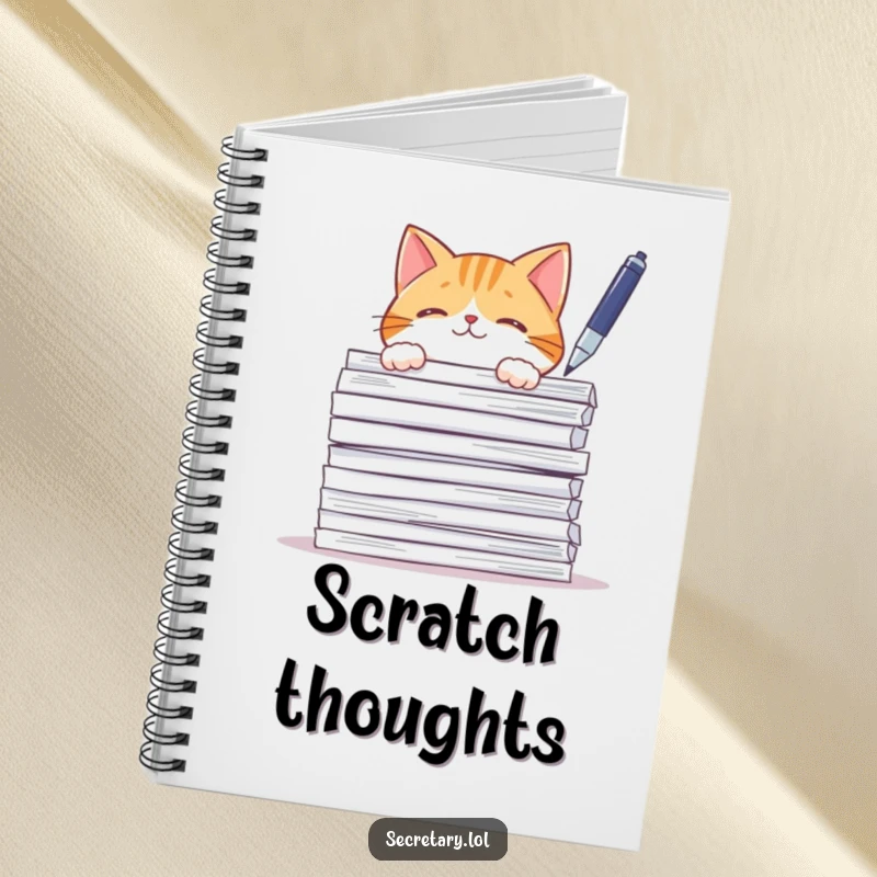 Funny curious cat peeking from papers, batting a pen, ideal for notebooks, cute design.