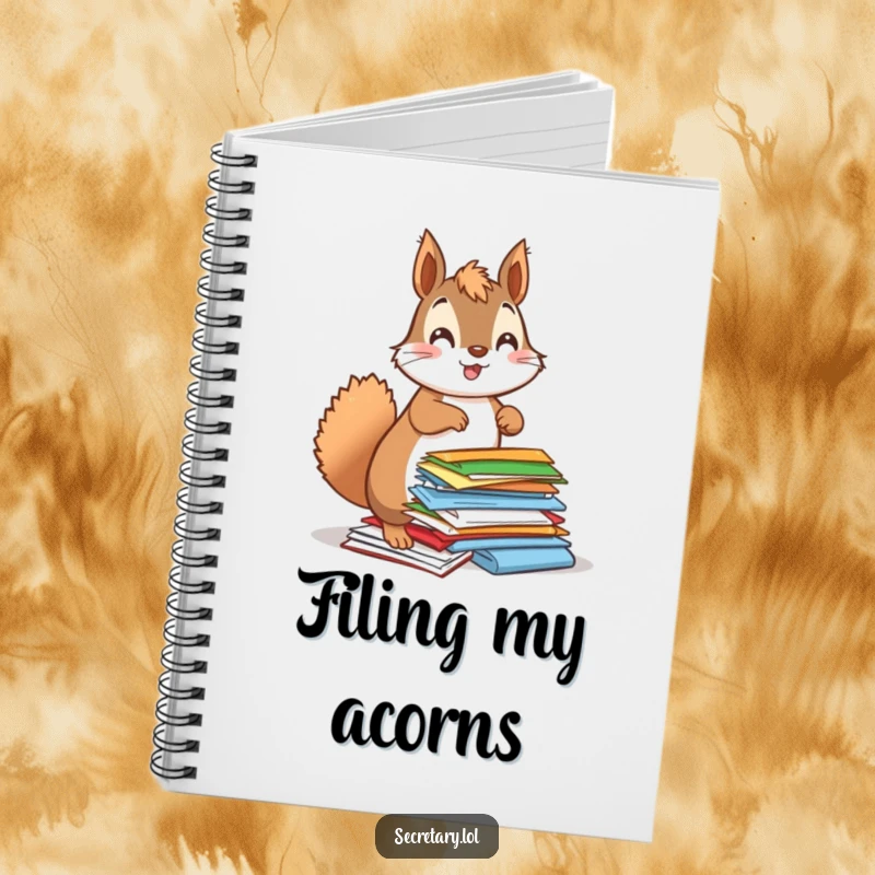 Funny squirrel energetically organizing colorful papers, on a notebook cover for humorous journaling.