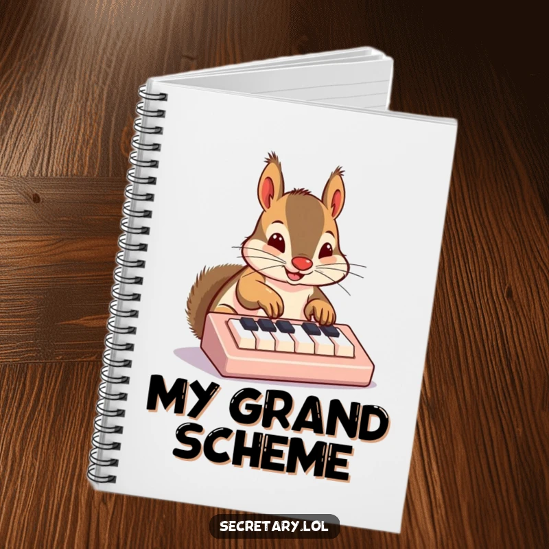 Funny squirrel notebook with a cheerful squirrel nose-typing on a miniature keyboard, perfect for jotting ideas.