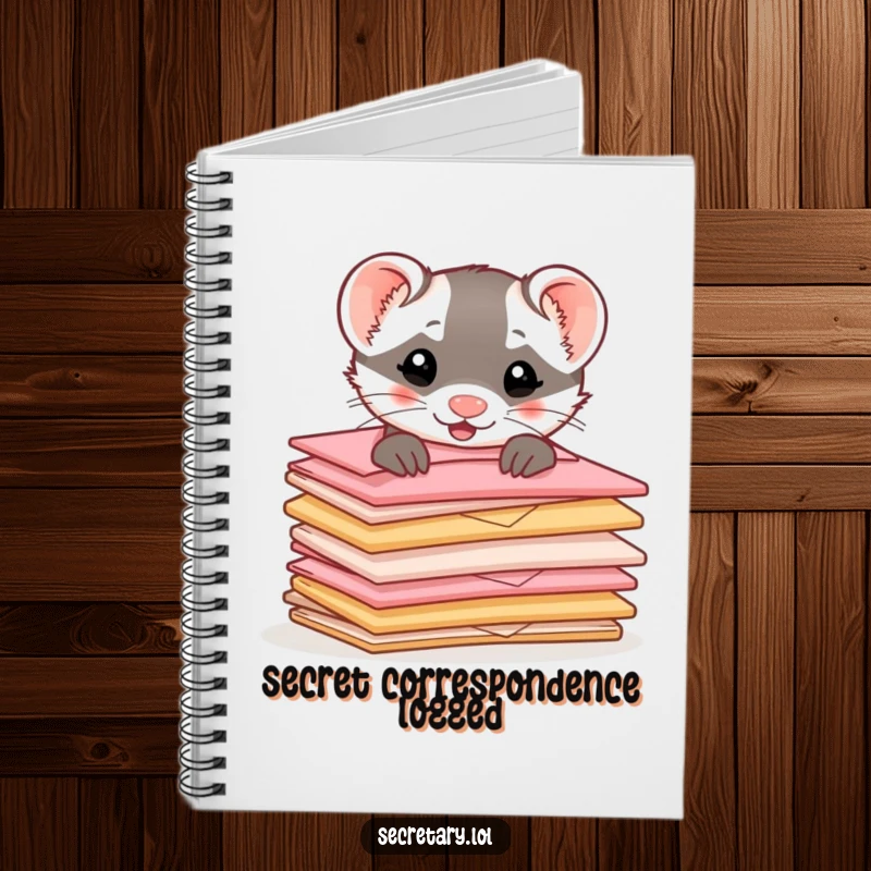 Funny ferret peeking from behind a stack of miniature, cute envelopes, featured on a notebook cover for writing.