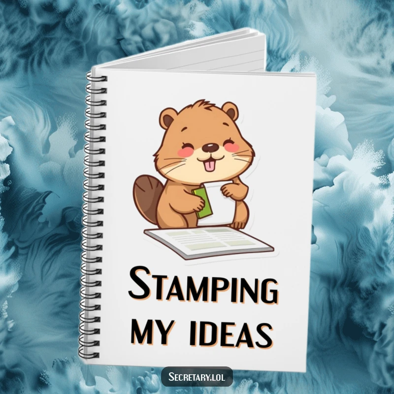 Funny beaver stamping a form with a satisfied expression, shown on a notebook cover for organized, humorous note-taking.