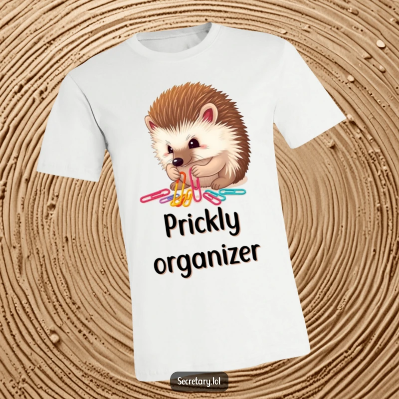 Funny determined hedgehog sorting colorful paper clips with its small paws, perfect for t-shirts.