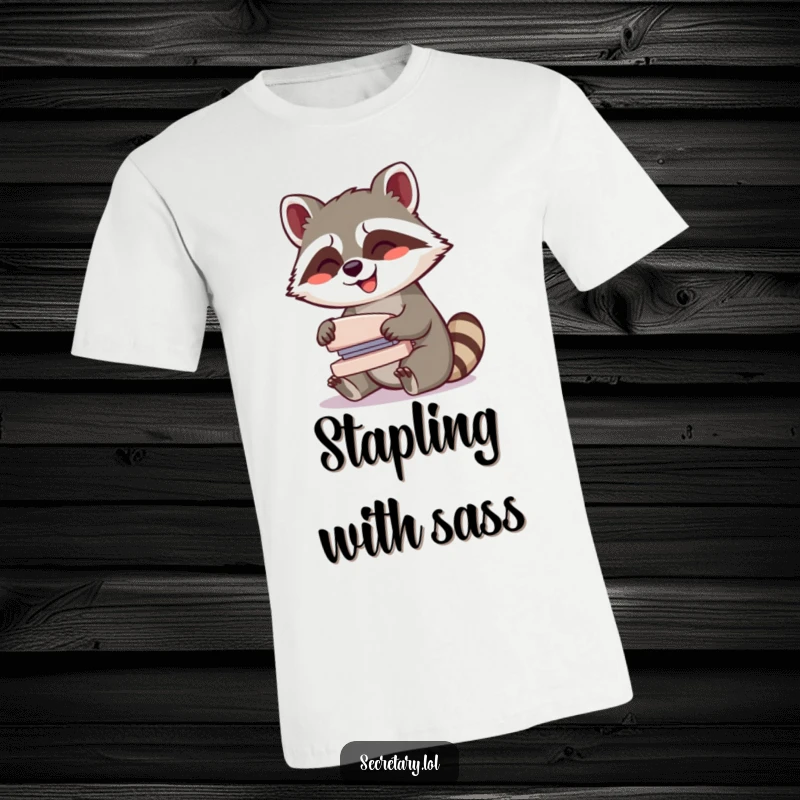 Funny raccoon giggling while operating a small whirring stapler, printed on a t-shirt, showcasing office mischief.