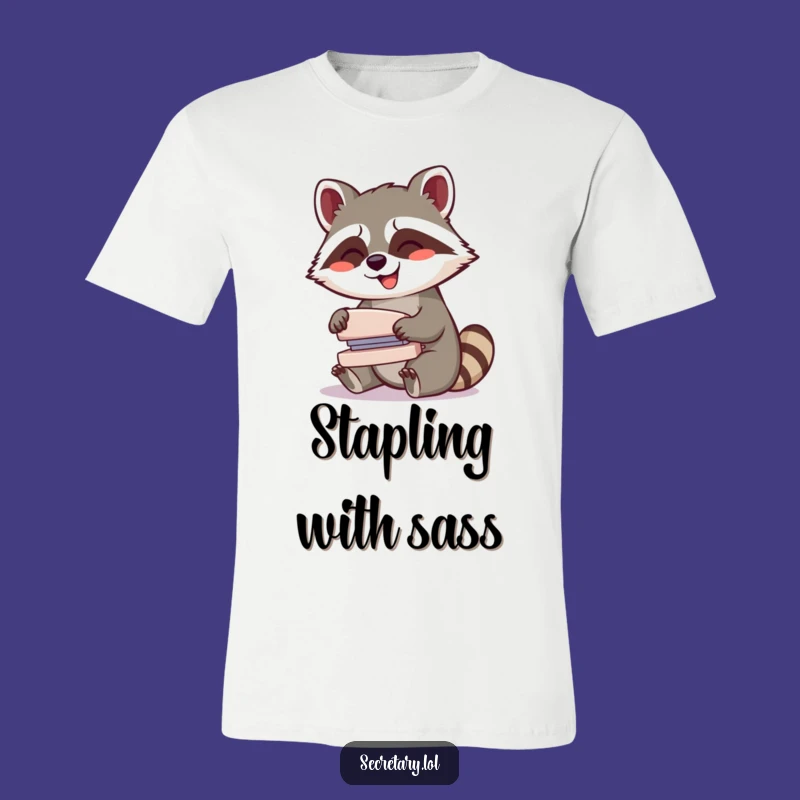 Funny Raccoon Stapler T-Shirt: Giggling Office Mischief Apparel - Great Gift