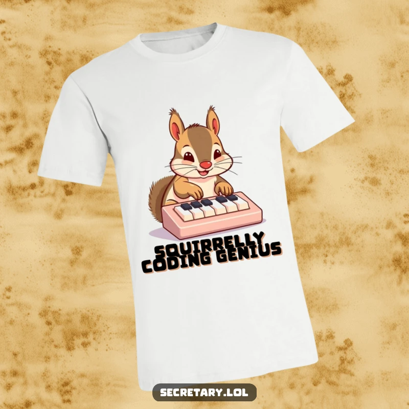 Funny squirrel t-shirt with a cheerful squirrel nose-typing on a miniature keyboard, a hilarious gift for tech lovers.