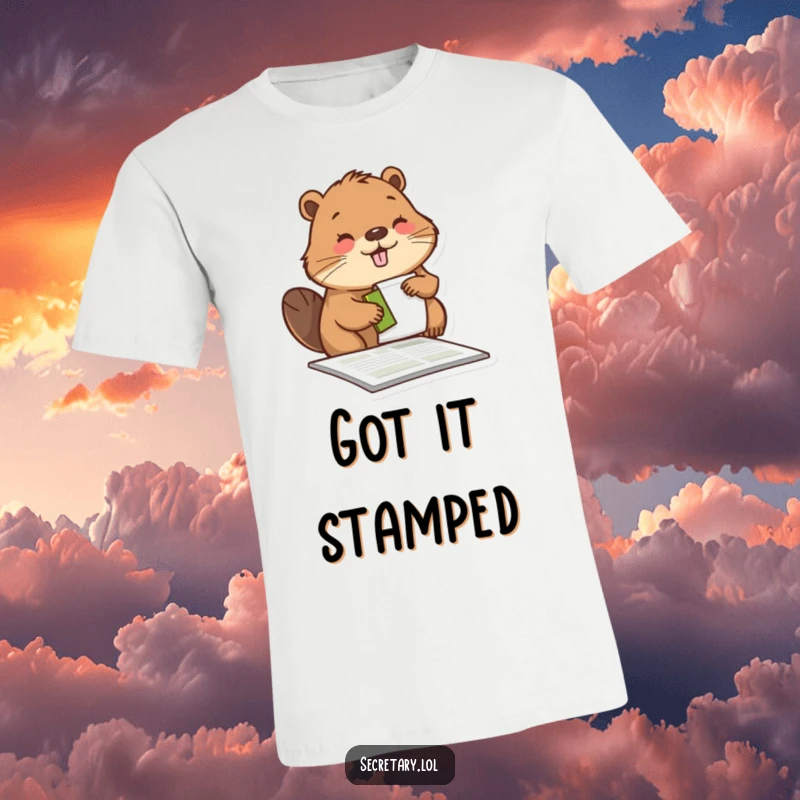 Funny beaver diligently stamping a form with a satisfied look, printed on a t-shirt for proud workers.