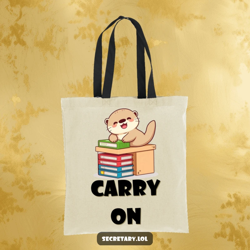 Funny otter sliding down a desk on files, giggling, ideal for tote bags, playful design.