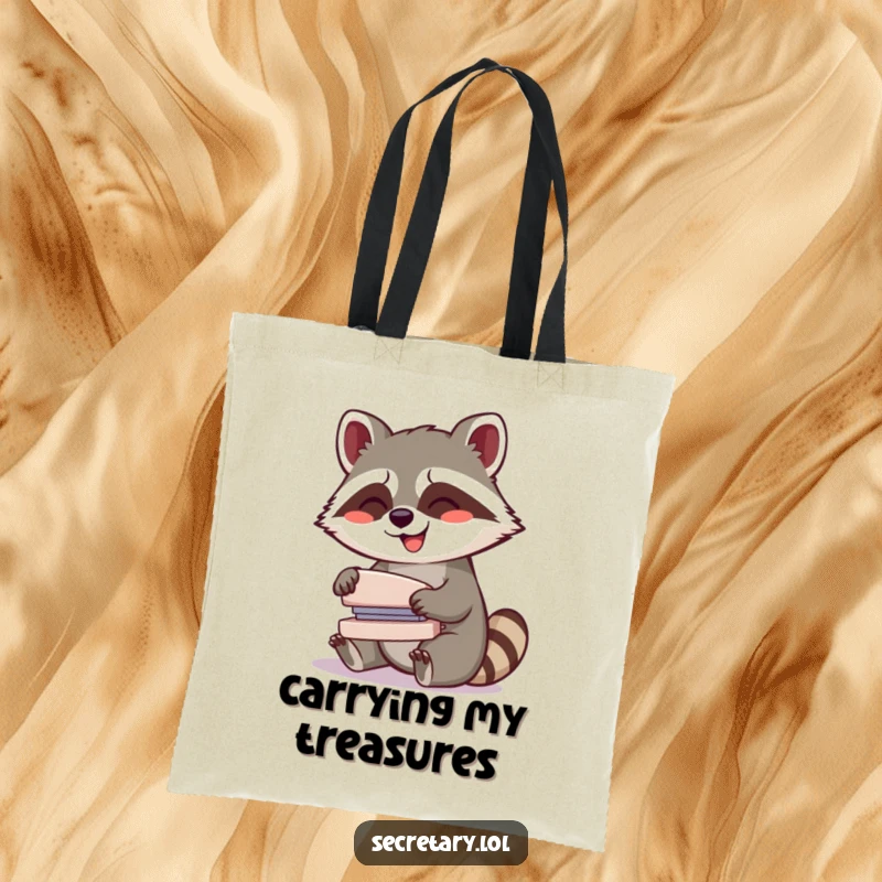 Funny giggling raccoon operating a small stapler with glee, depicted on a tote bag for humorous carrying.