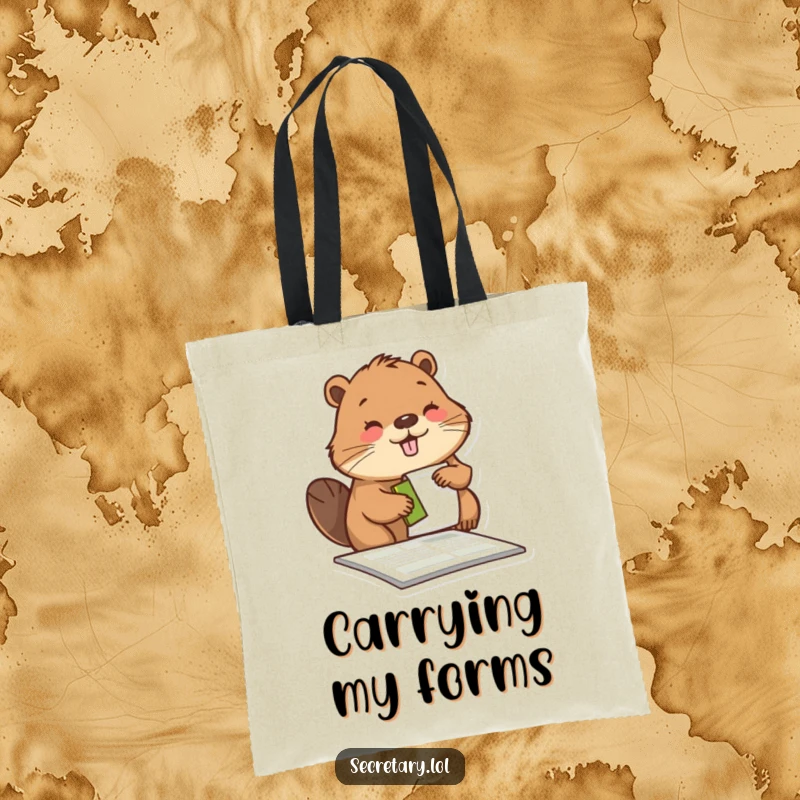 Funny beaver stamping a form with a happy expression, depicted on a tote bag for carrying work essentials humorously.