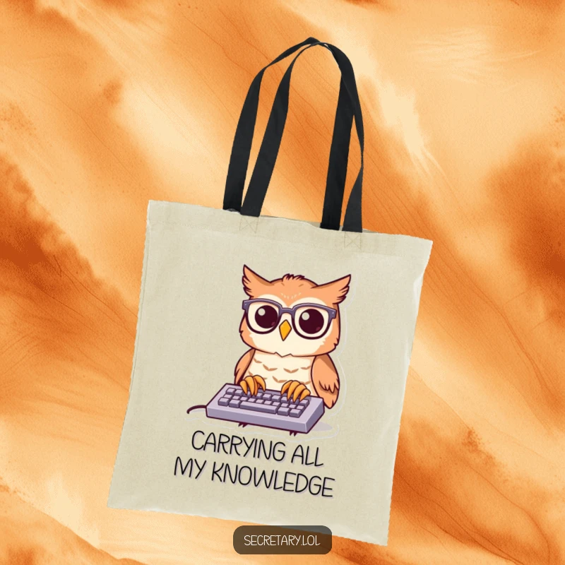 Funny owl wearing glasses, typing diligently on a tiny keyboard, displayed on a durable tote bag for a smart look.