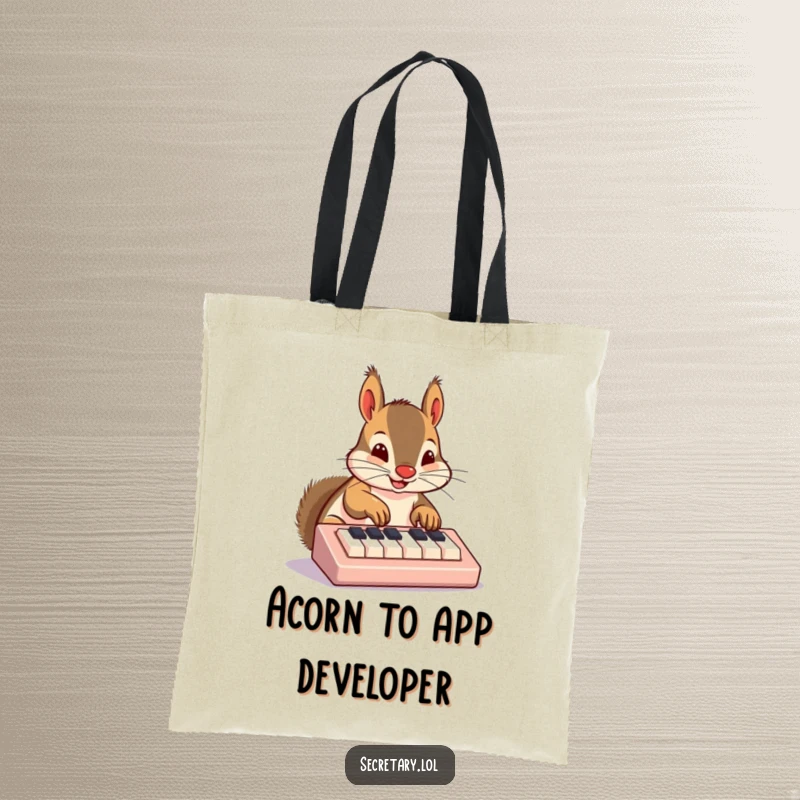 Funny squirrel tote bag with a cheerful squirrel typing with its nose on a small keyboard, practical and amusing.