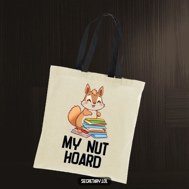 Funny squirrel enthusiastically organizing colorful papers, depicted on a tote bag for humorous carrying of essentials.